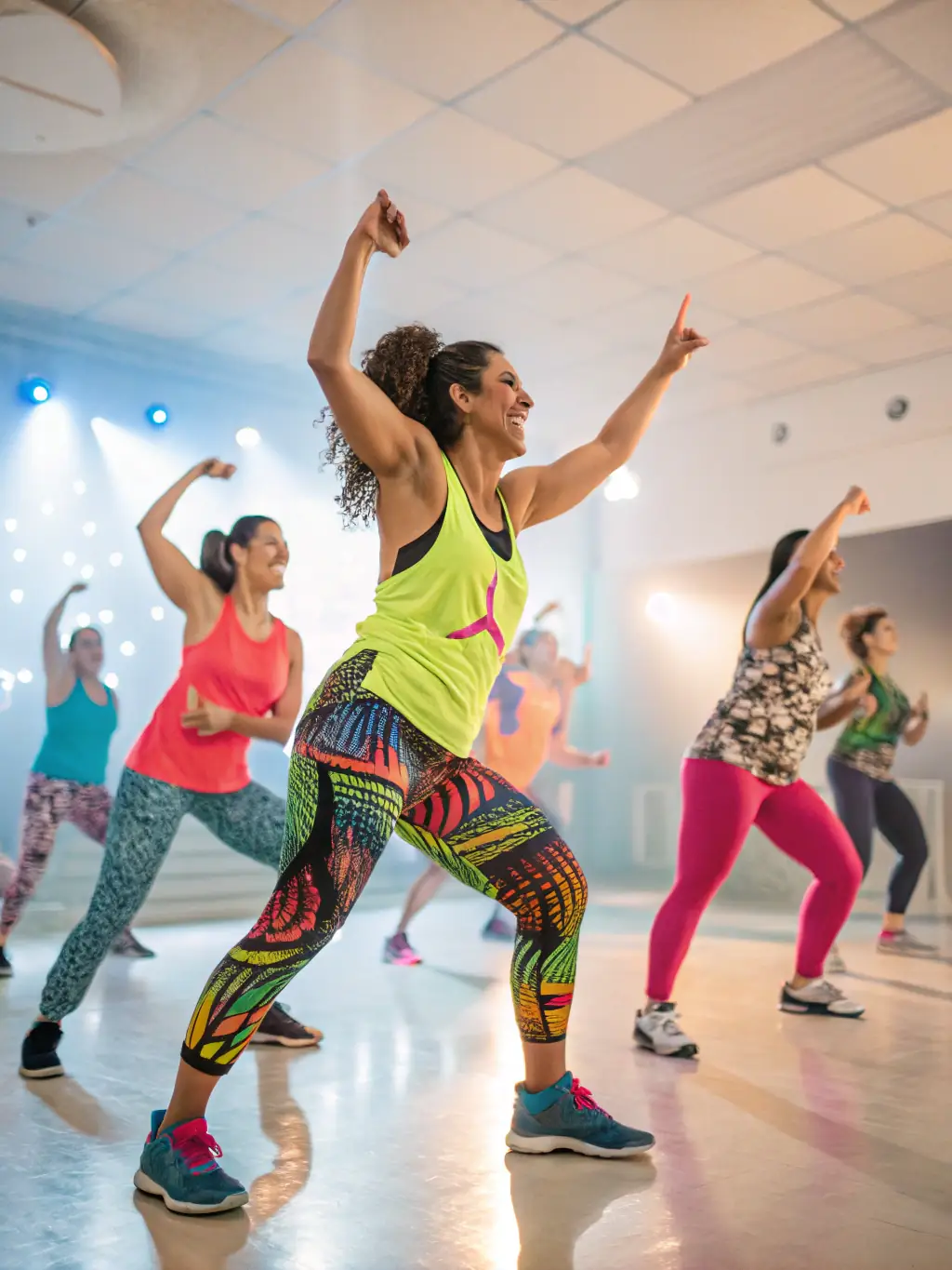 A diverse group of people participating in a Zumba class in a community center, with an instructor leading energetic dance moves.