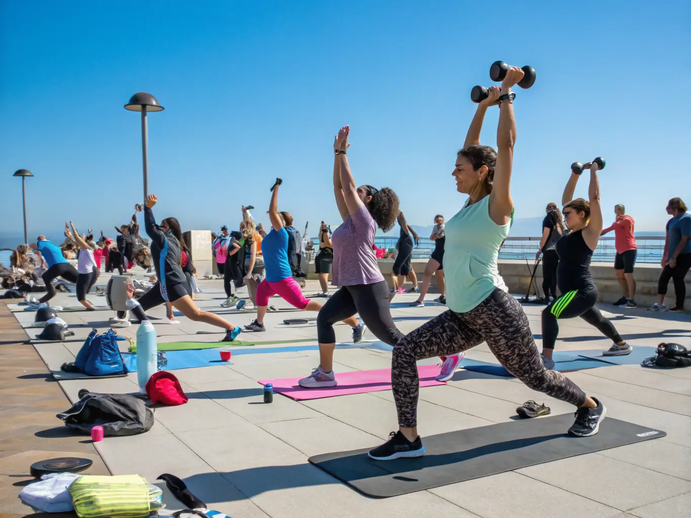 An inspiring image of people participating in a fitness class outdoors, emphasizing the health and wellness benefits of the fitness program.
