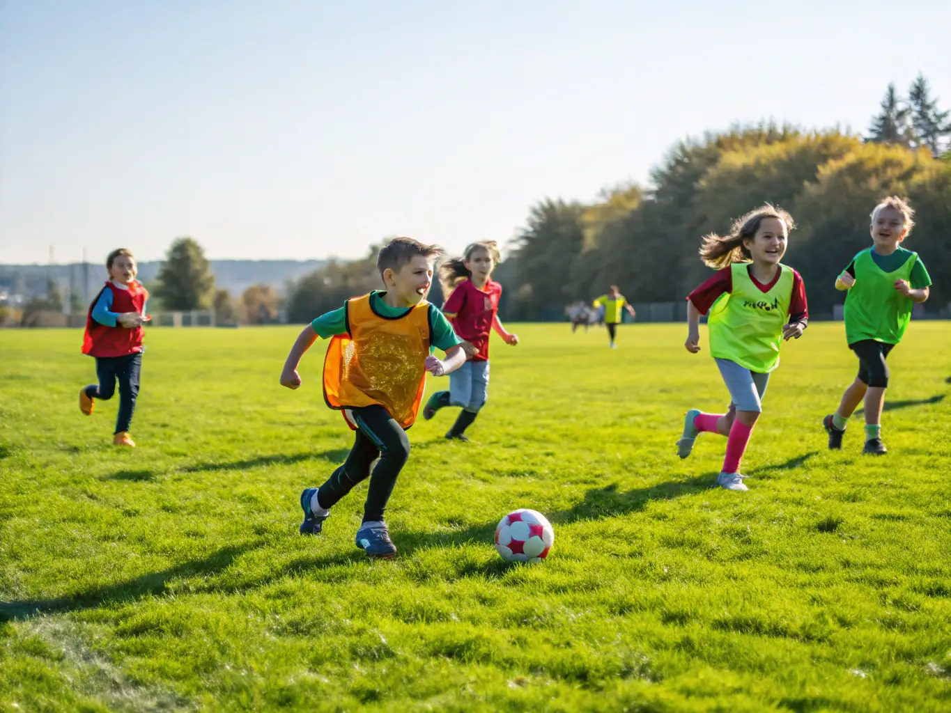 A vibrant image of children playing football in a sunny field, showcasing teamwork and active participation in a youth sports program.