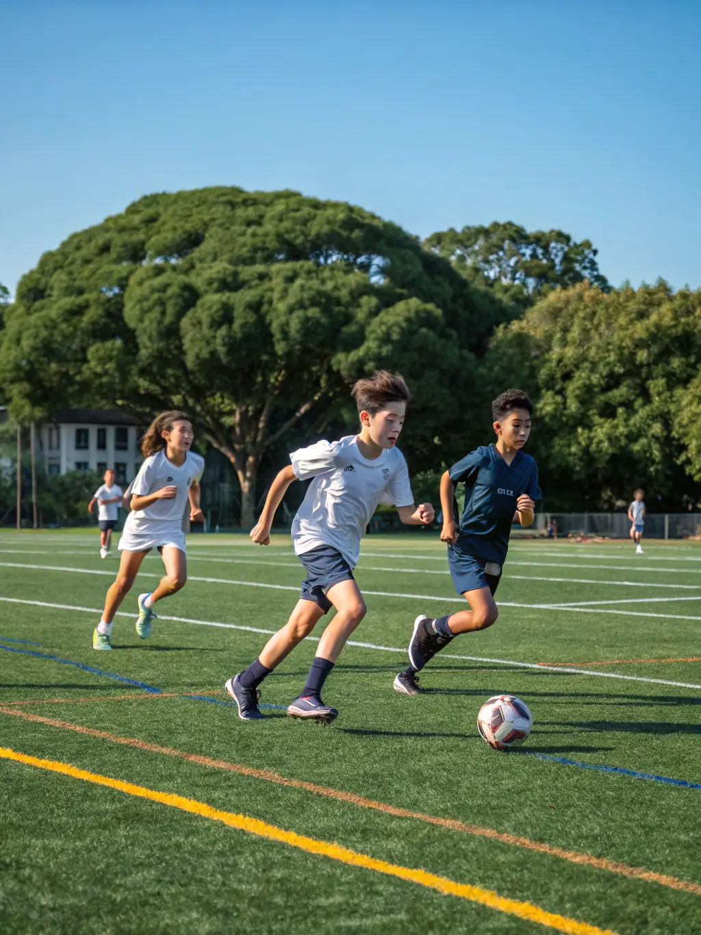 A photo of children and adults playing football in the local sports field, showcasing community engagement.