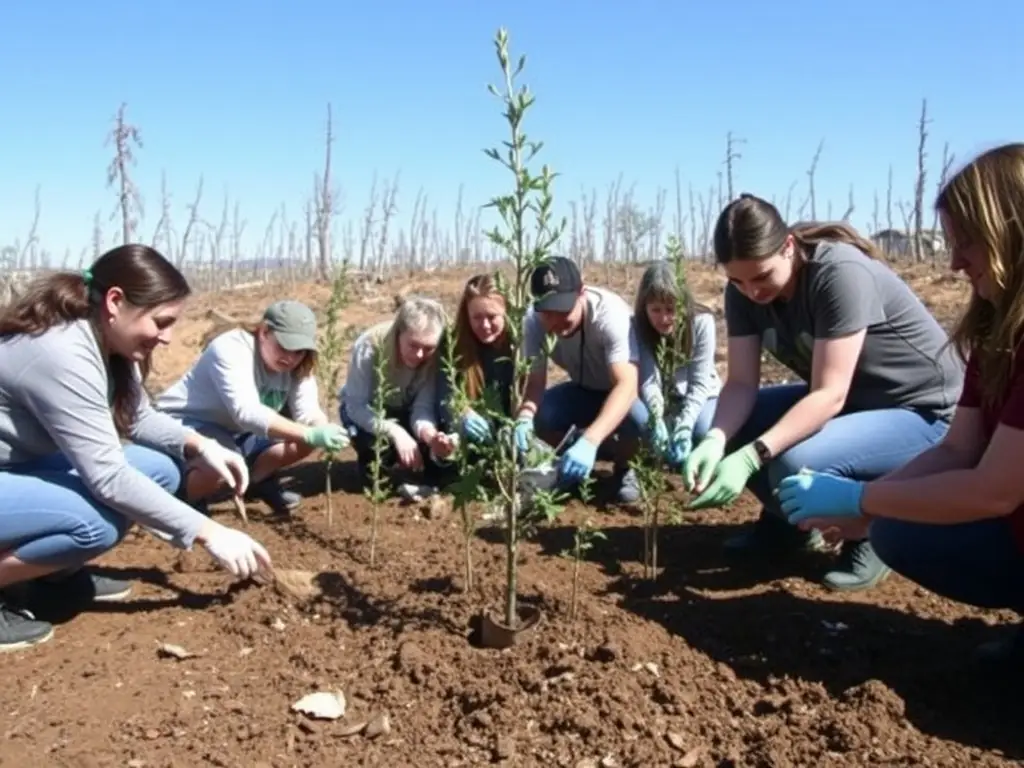 A group of volunteers planting trees in a deforested area, symbolizing ADN's reforestation program.