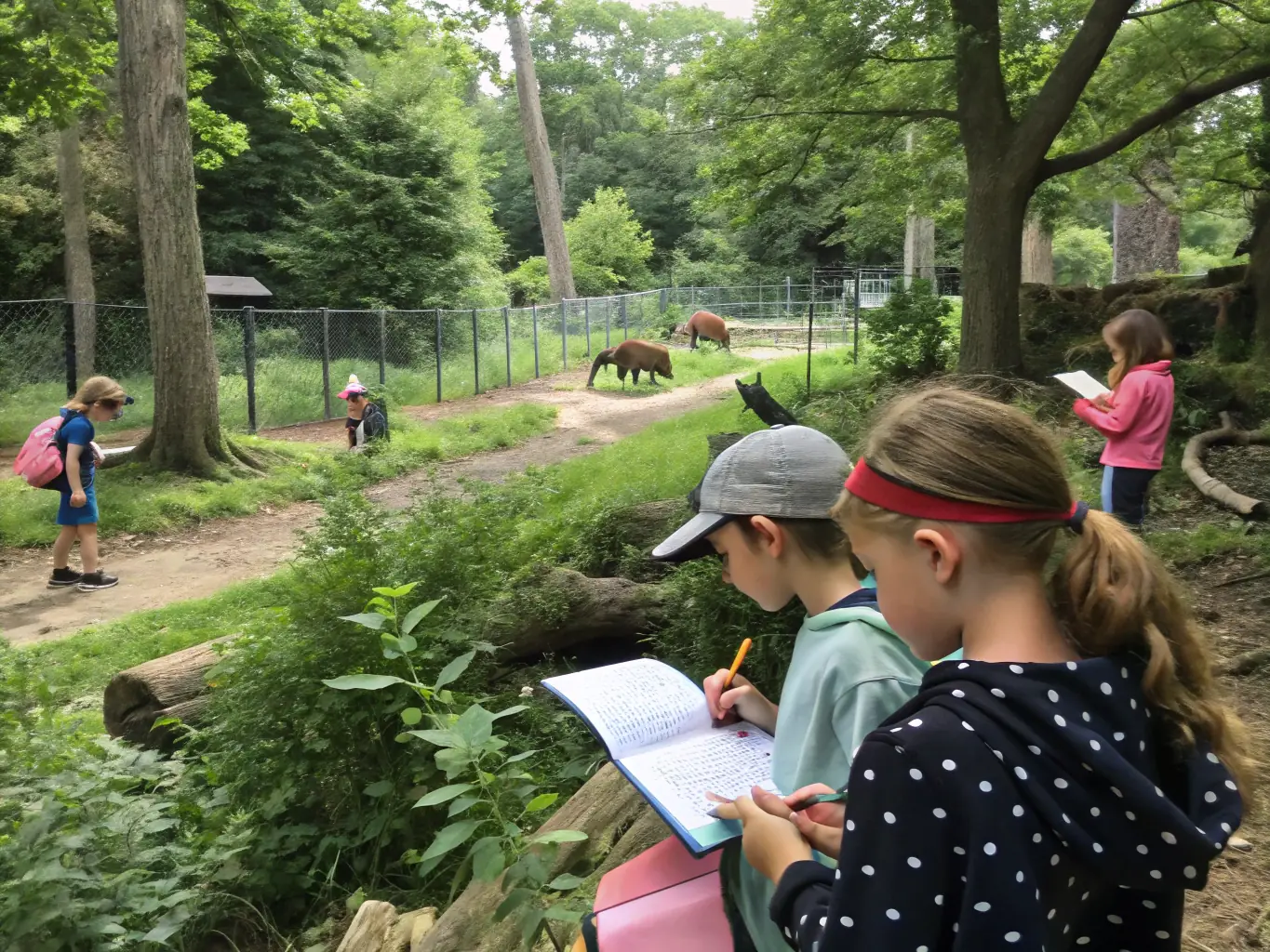 A compelling photograph of students participating in an ADN environmental education program, exploring a forest ecosystem, identifying local flora and fauna, and learning about the importance of conservation.