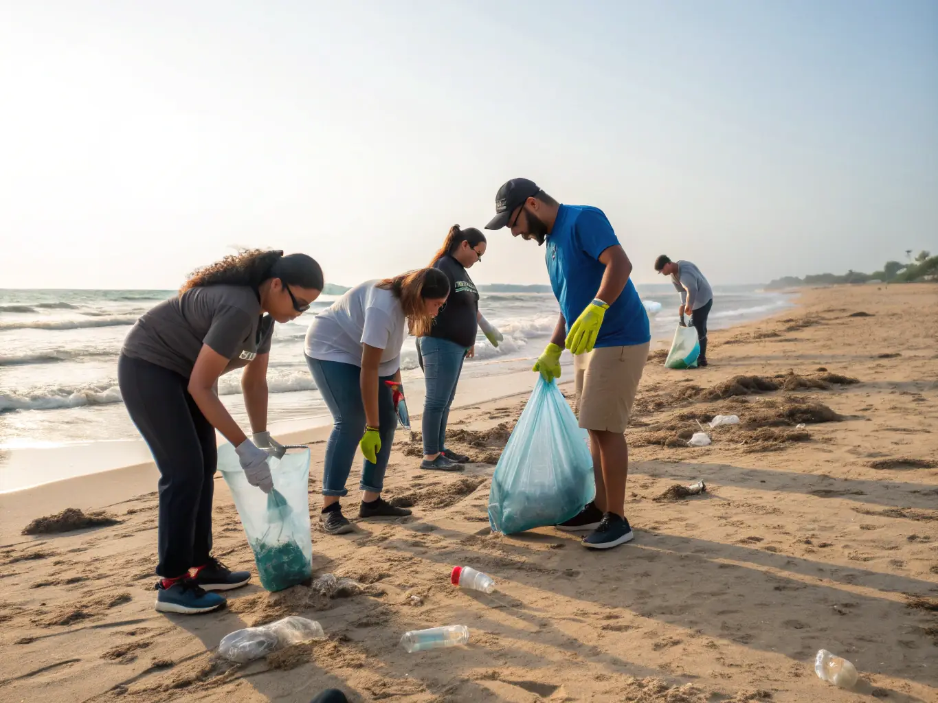A vibrant photograph capturing volunteers cleaning up a local beach, removing plastic waste and debris to protect marine life and preserve the natural beauty of the coastline.